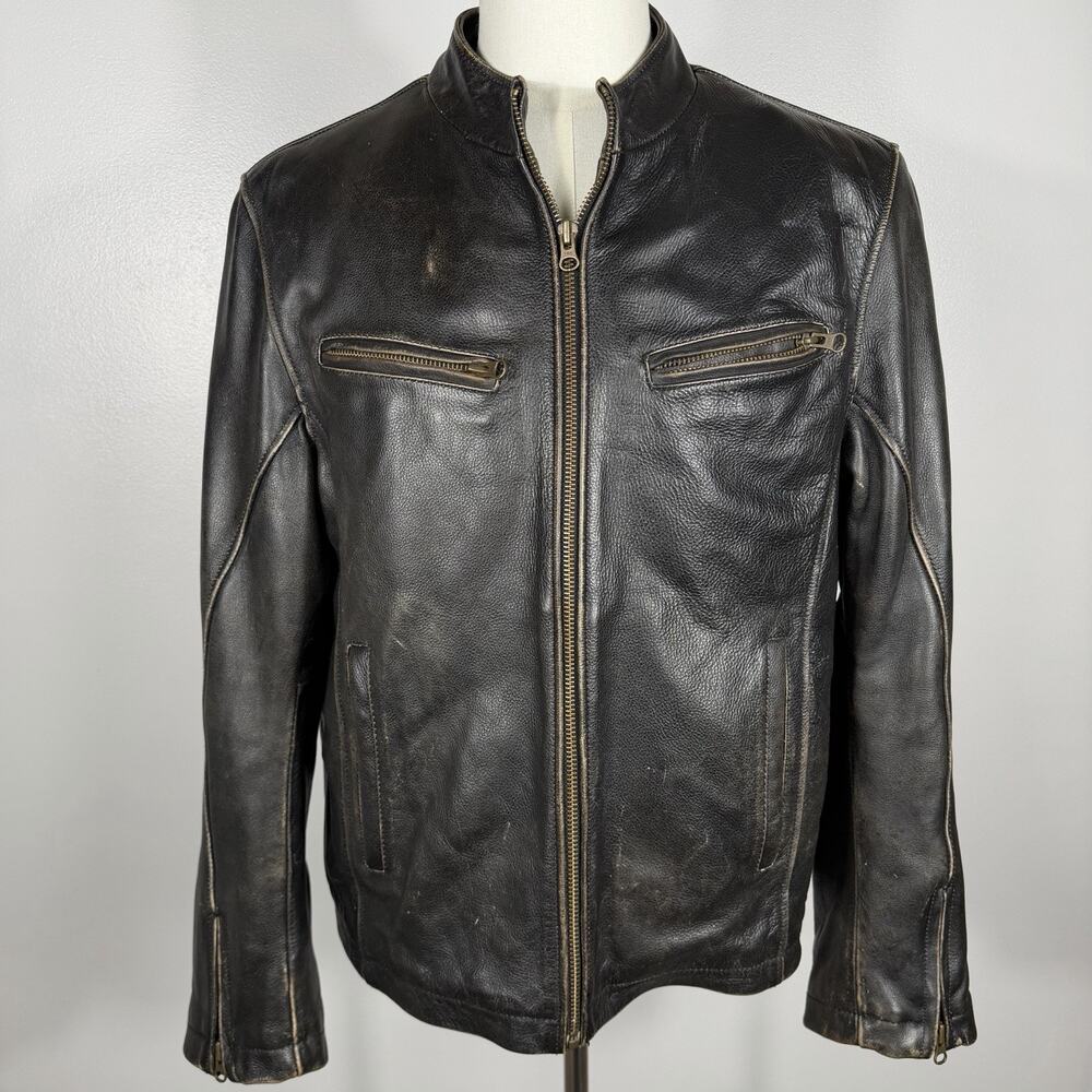 Structure Men’s L Black Genuine Leather Cafe Racer Motorcycle Jacket Distressed